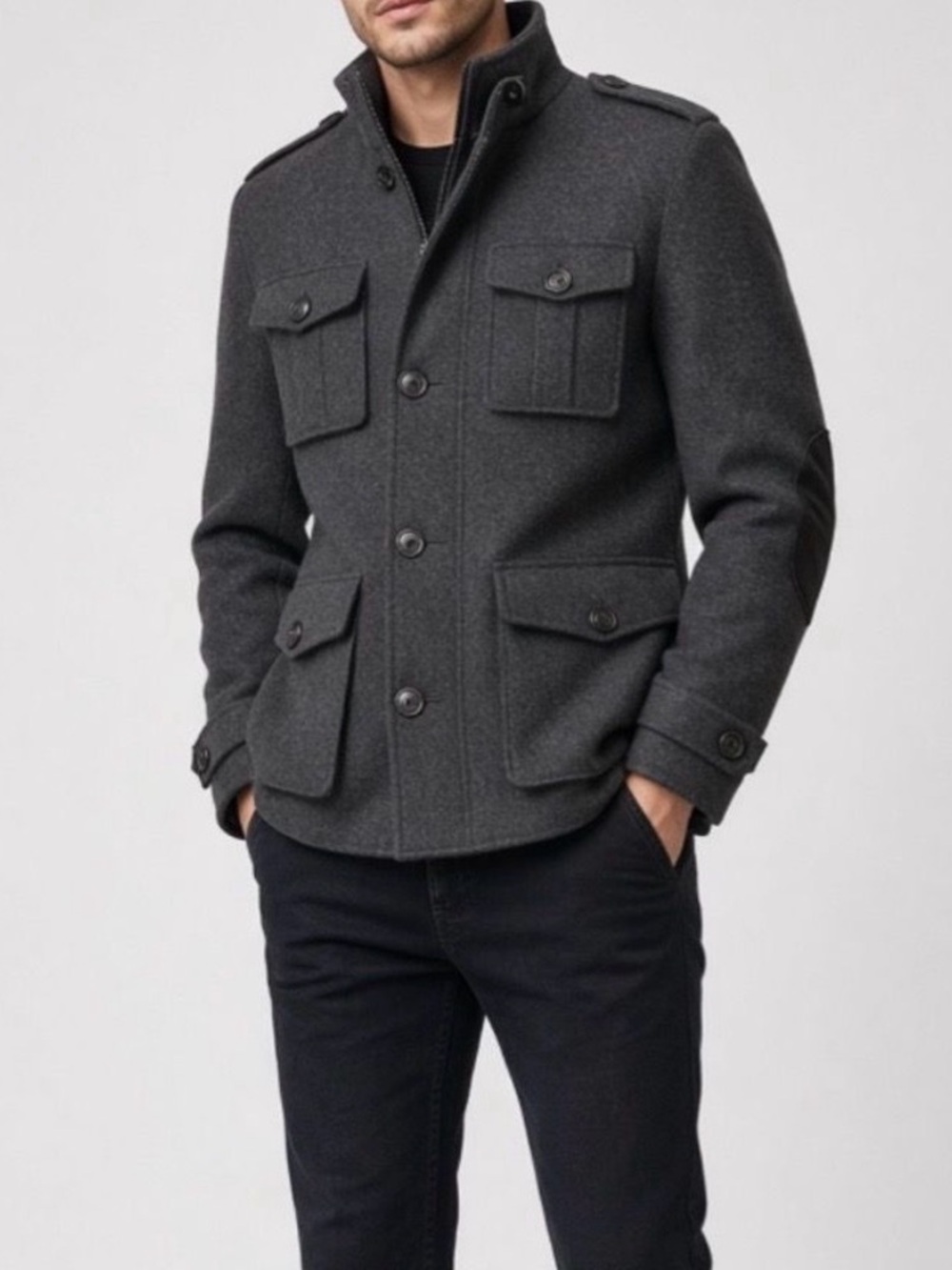 Express Men’s Dark Charcoal Gray Military Style Wool Jacket